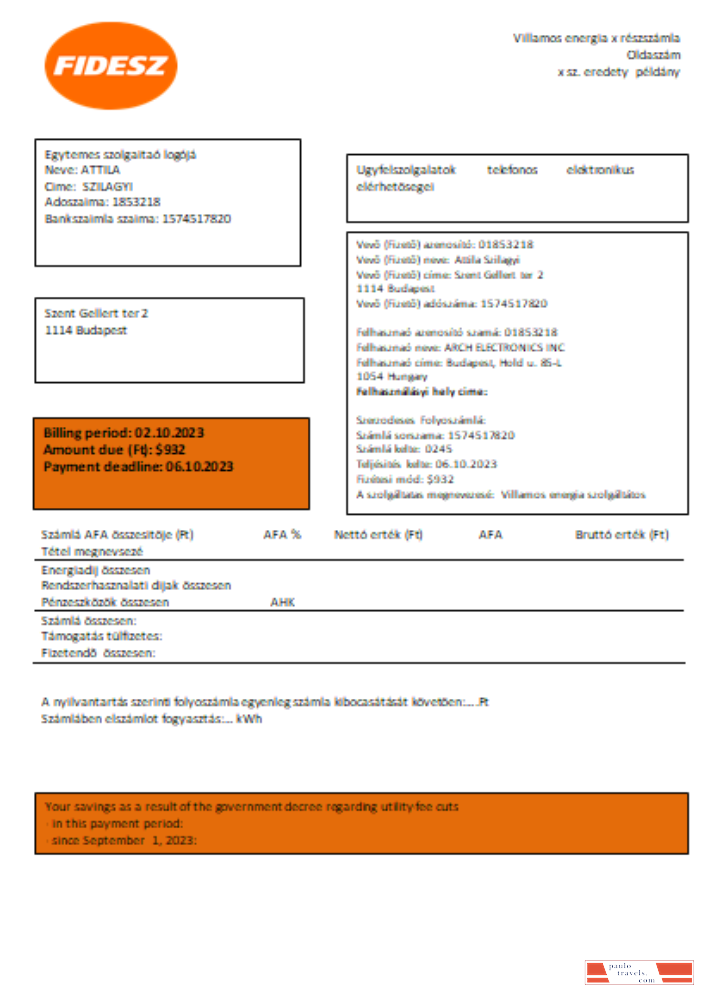 FIDESZ easy to fill utility business bill,  SCR PSD template